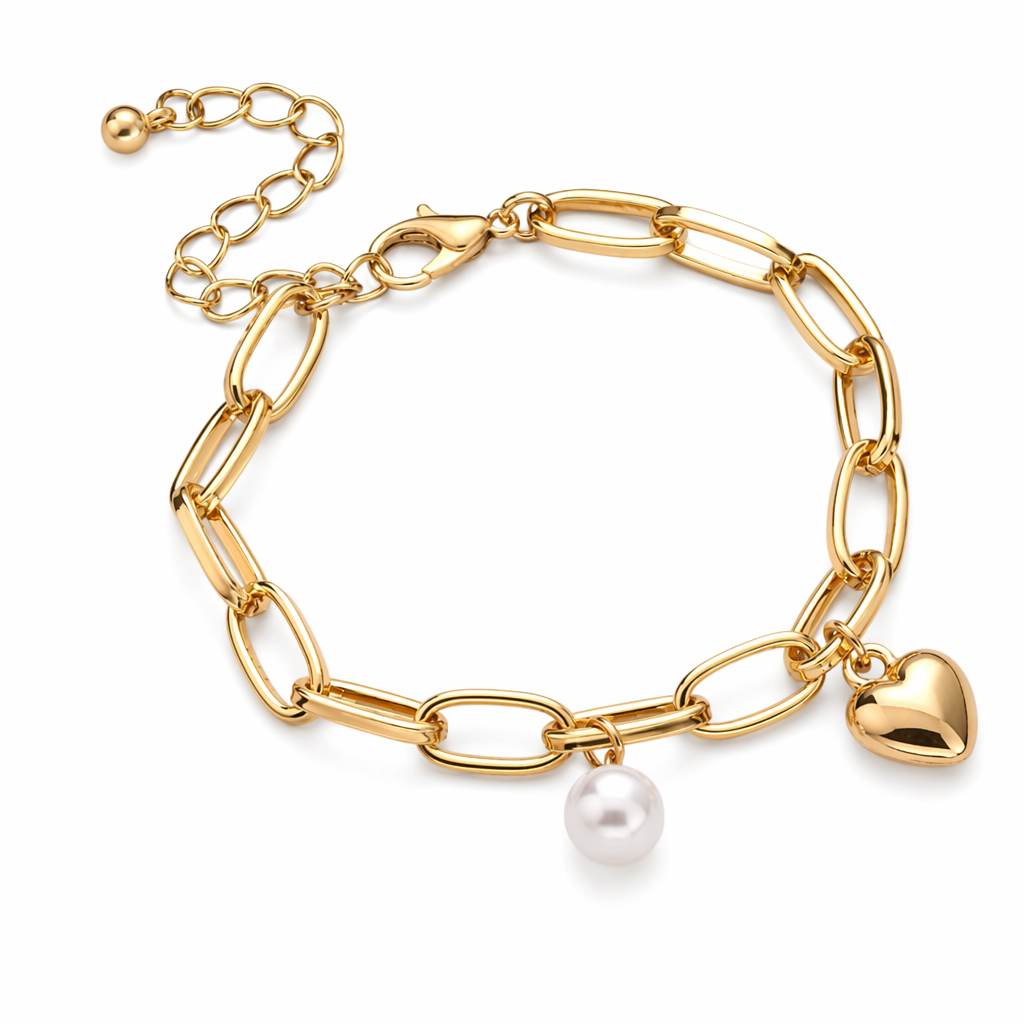 Pearl Heart Charm Oval Link Bracelet for Women Default