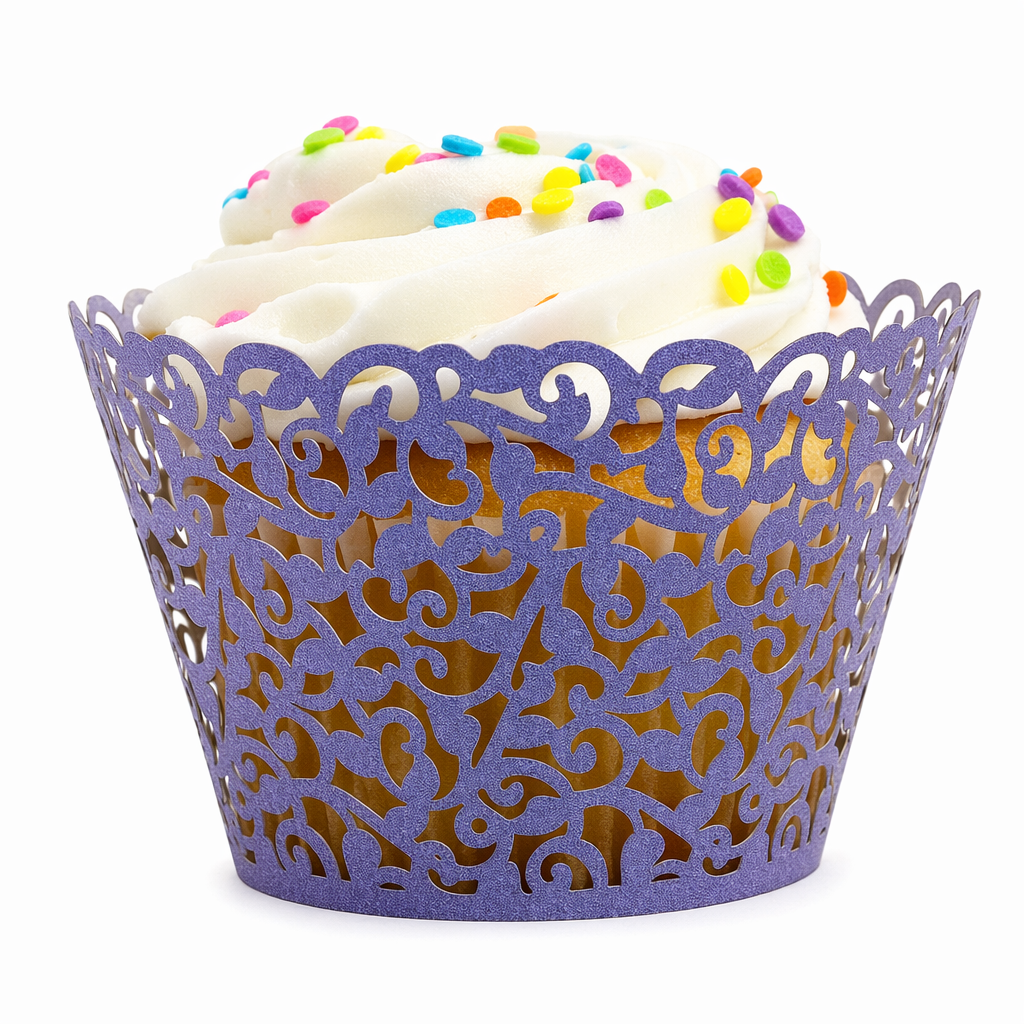 100-piece set of Delicate Vine Laser Cut Cupcake Wrappers Purple
