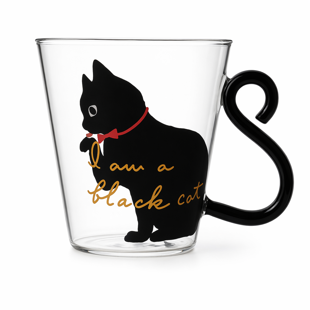 8.5oz Glass Mug with Creative Cartoon Design for Cat Enthusiasts Black