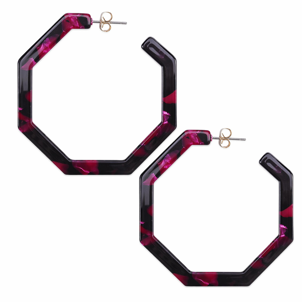 Resin Hoop Earrings with Geometric Design Purple
