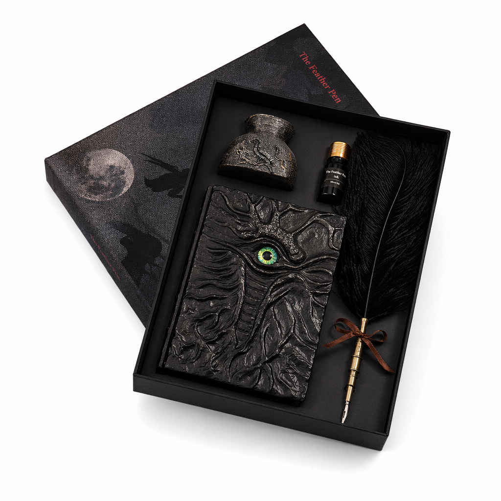 Medieval Feather Pen Set with Journal Green