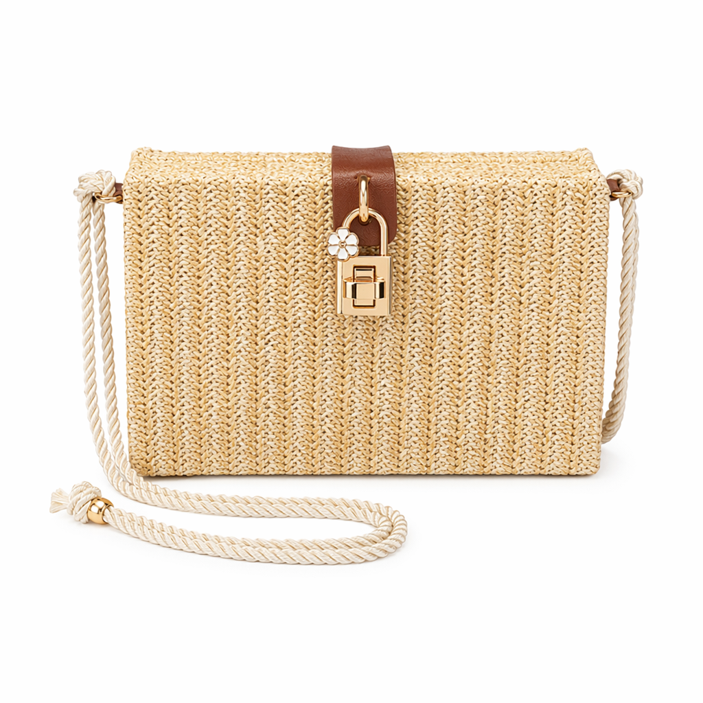 Straw Shoulder Bag with Box Clutch Design Beige