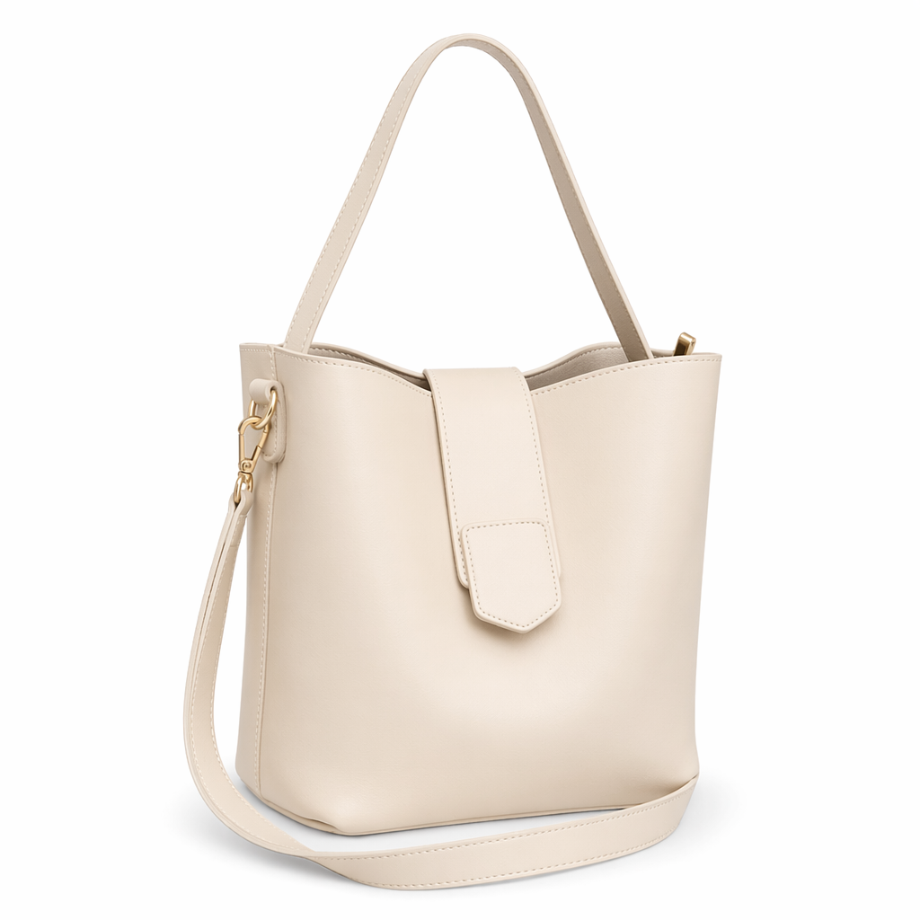 Bucket Bag with Wide Shoulder Strap for Women made of Vegan Leather Beige