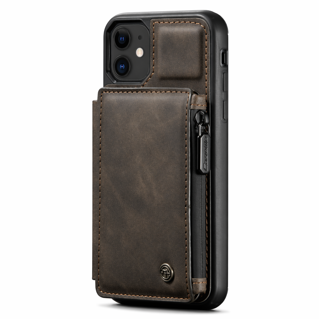 Slim Back Case with Zipper for iPhone 11 to 15 Series Coffee