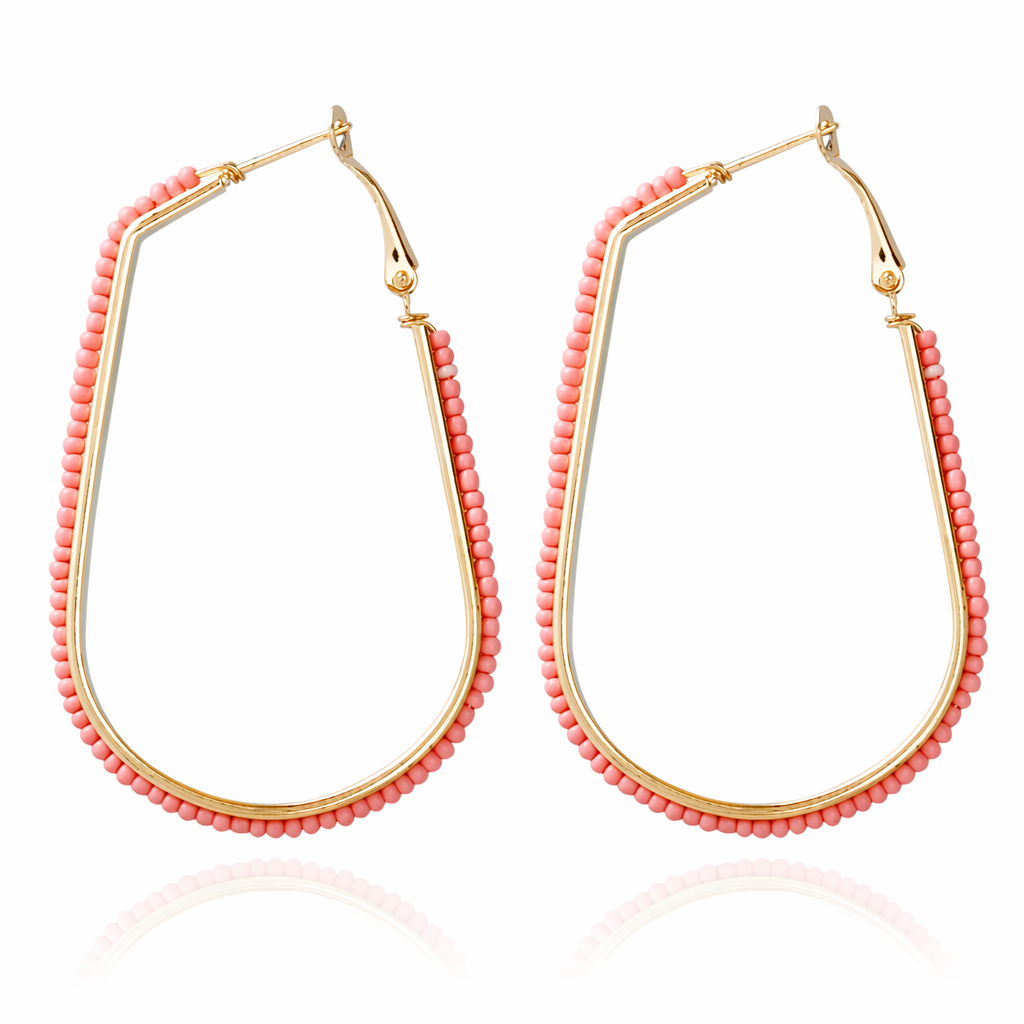 Beaded Elongated Circle Earrings Pink