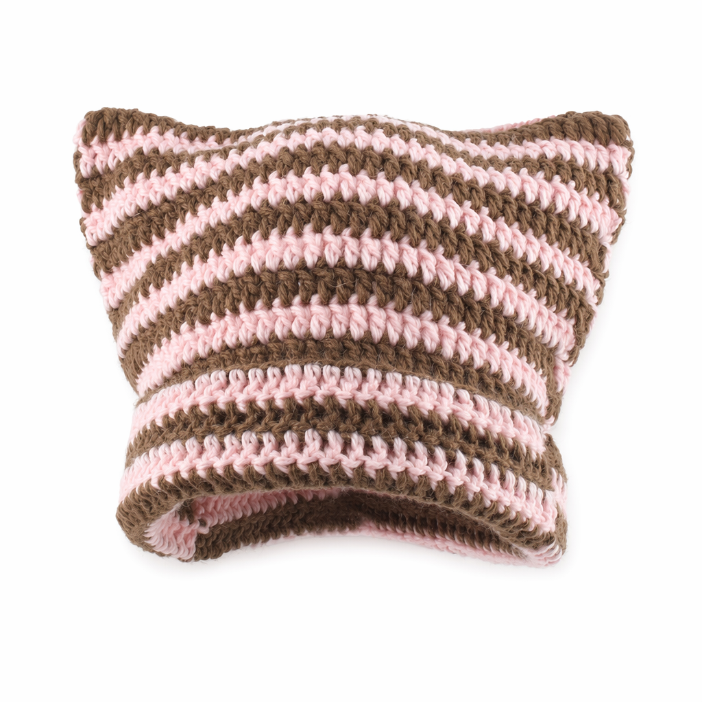 Striped Knitted Beanie for Adults pink brown handmade