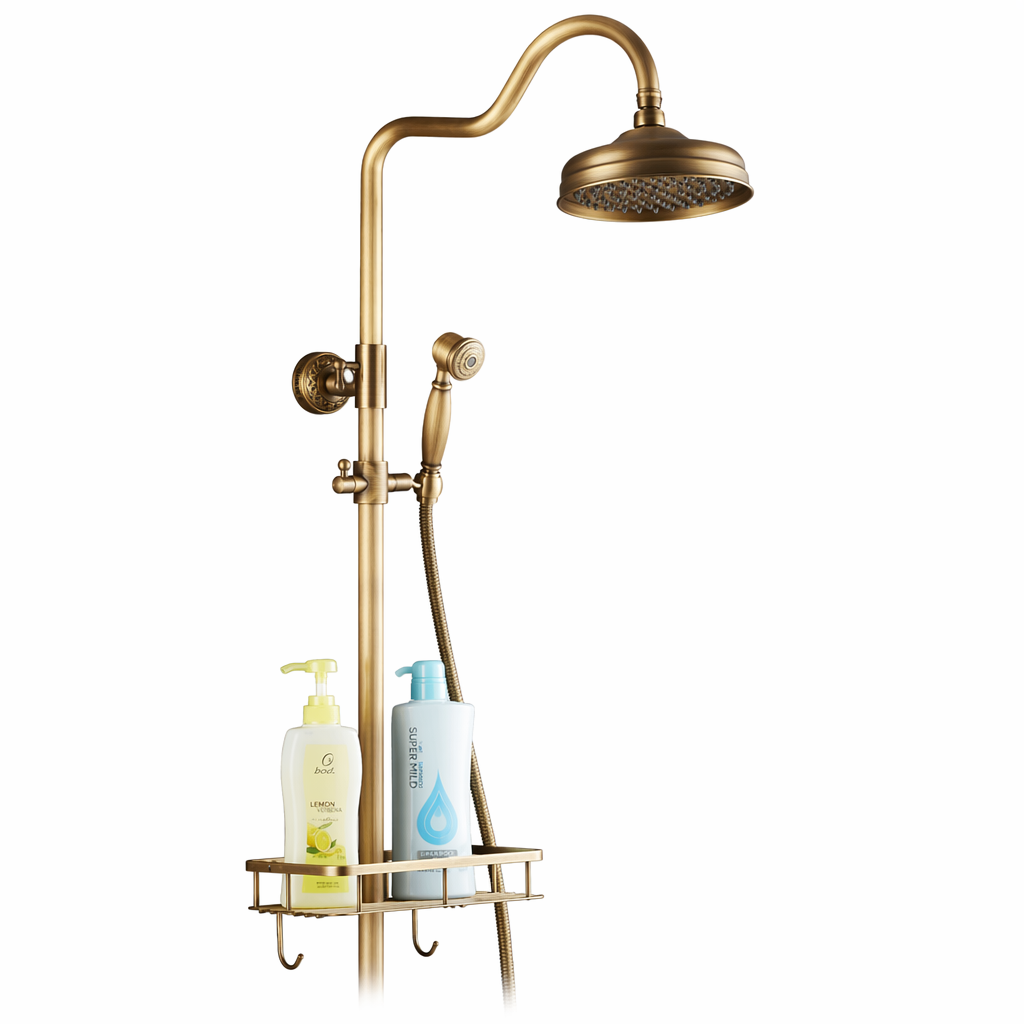 Antique Brass Bronze Shower Set with Single Handle and Wall Storage Bracket style  E