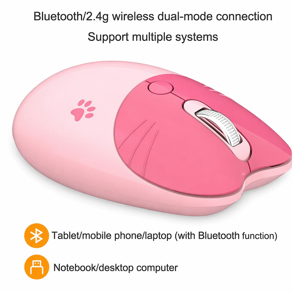 Cartoon Feline Themed Wireless Mouse with Bluetooth 2.4Ghz Pink