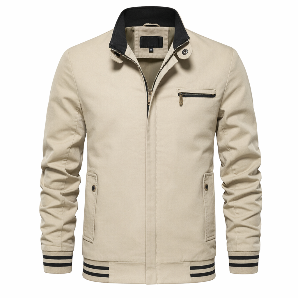 Beige Zip-up Jacket with Stand Collar for Men Default