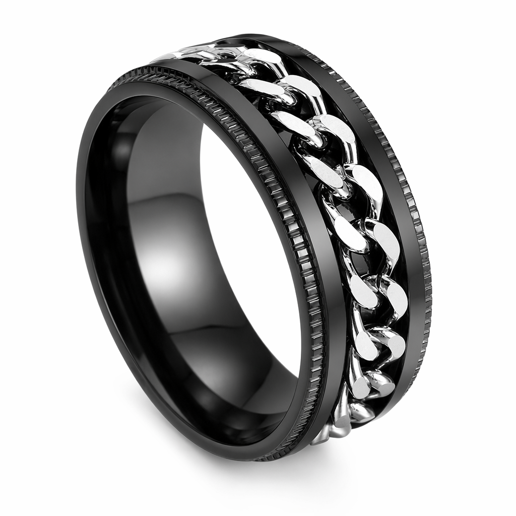 Rotating Black Chain Style Men's Stainless Steel Ring Silver