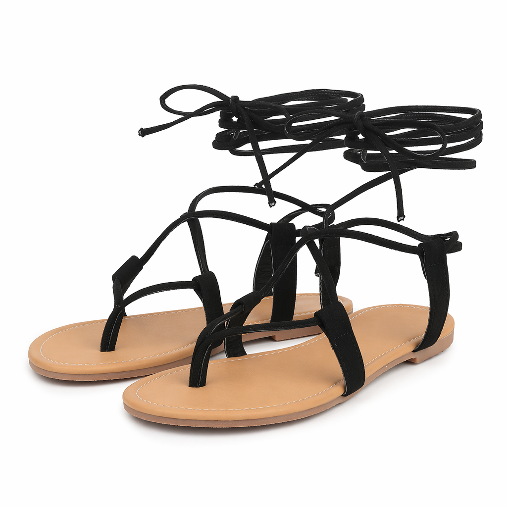 Roman Style Women's Strappy Sandals with Laces Black