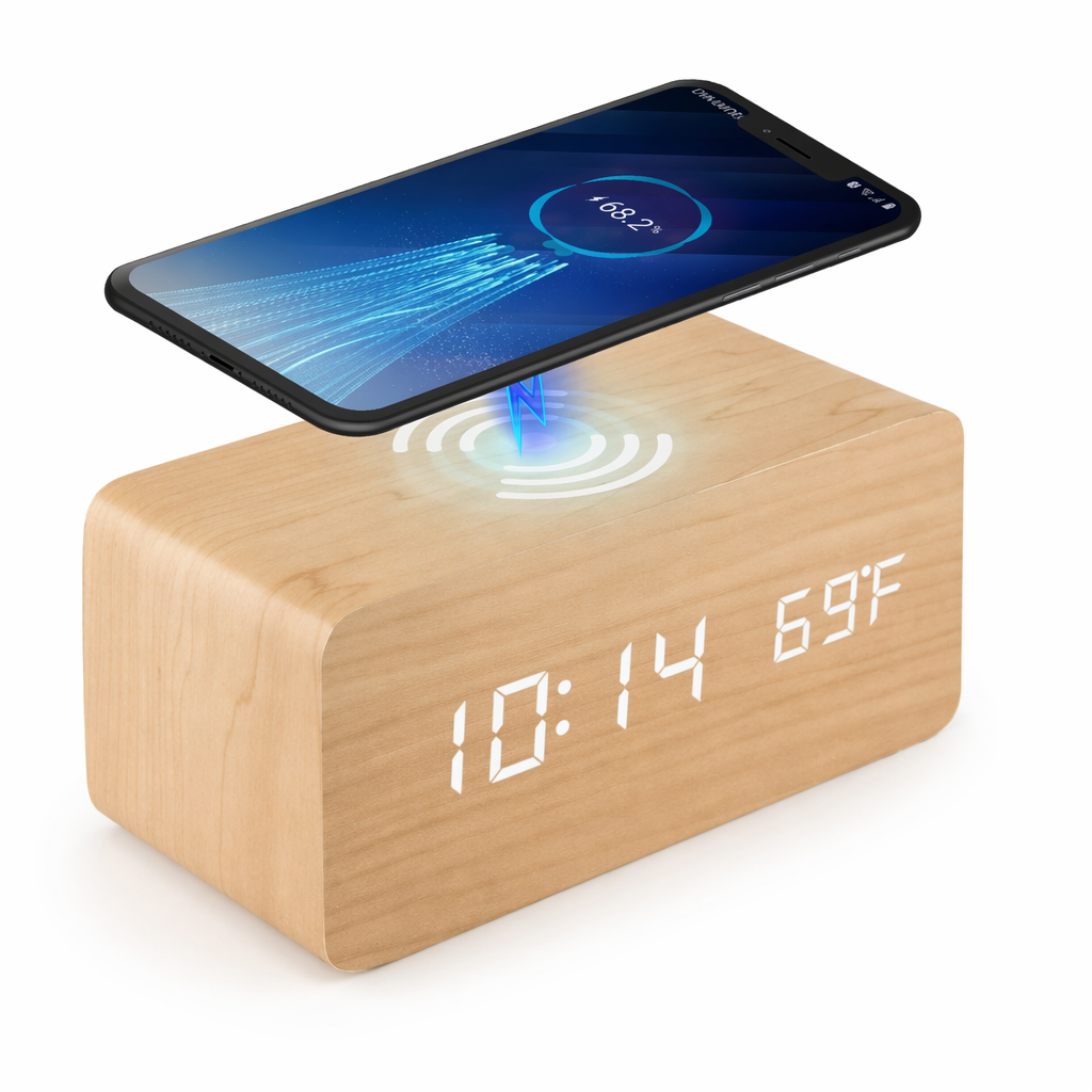 Digital Alarm Clock with Wireless Phone Charging Pad made of Wood Wood