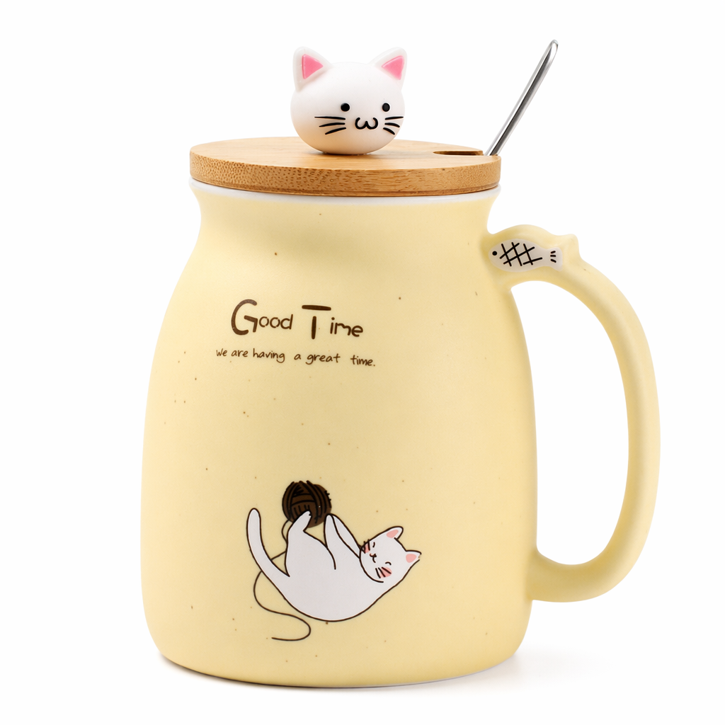 Cute Cartoon Cat Ceramic Coffee Mug Yellow
