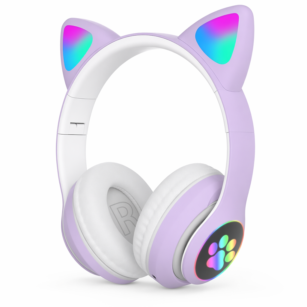 LED Feline Ear Wireless Headphones with Cartoon Design Purple