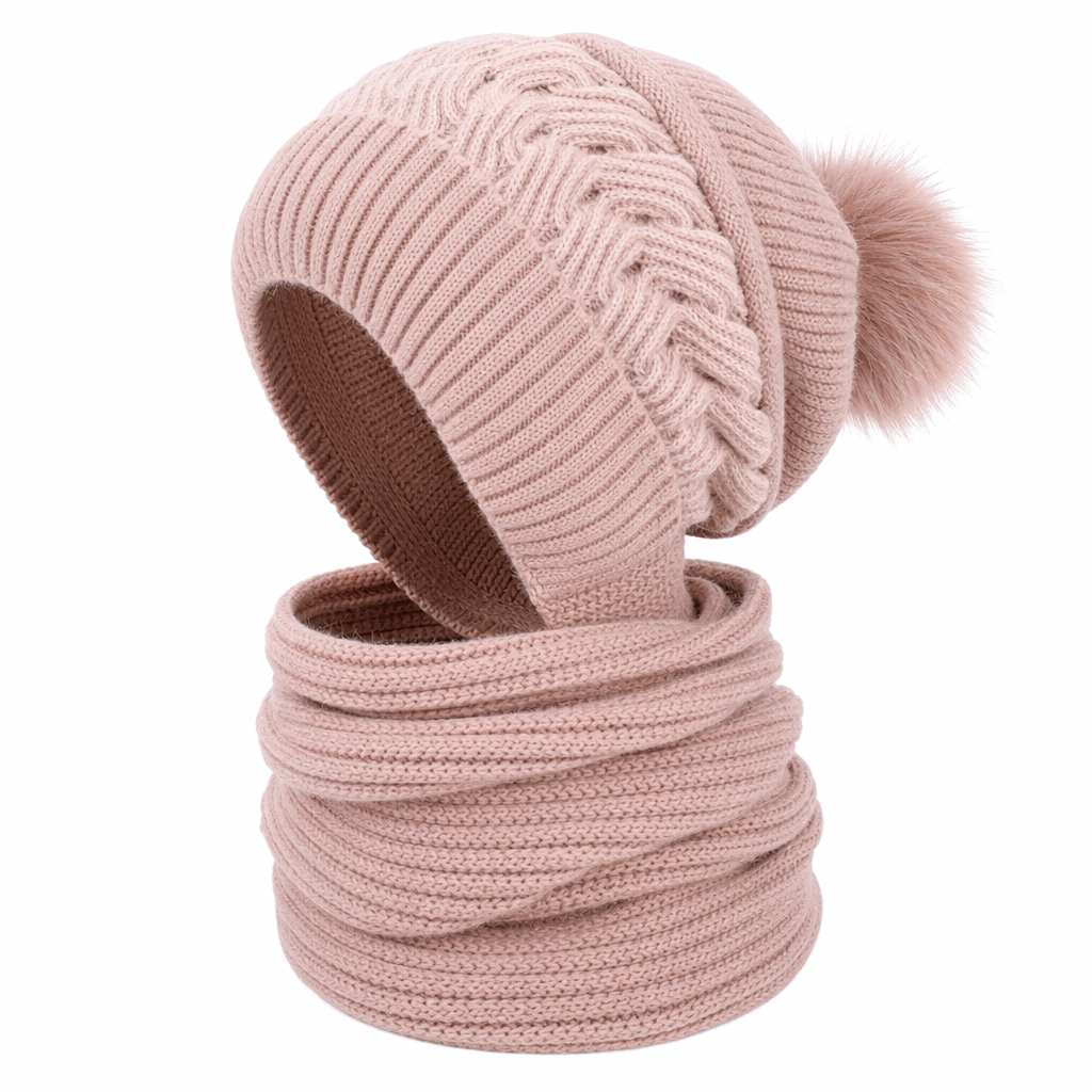 Warm Winter Scarf and Hat Set for Women Pink
