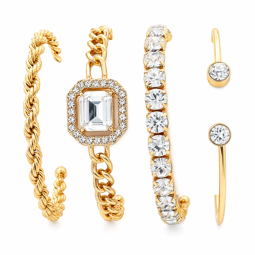 Polished 4 Piece Link Bracelet Collection with Adjustable Clasps Gold