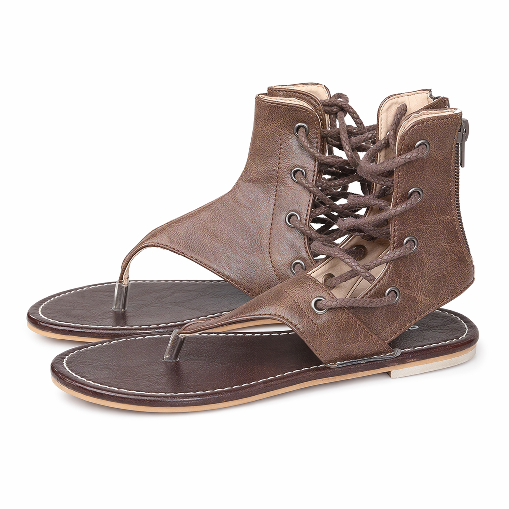 Vegan Leather Gladiator Sandals for Women with Lace-Up Design Brown