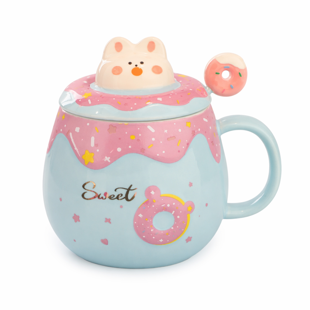 Kitten Theme Donut Cartoon Mug with Cover Blue