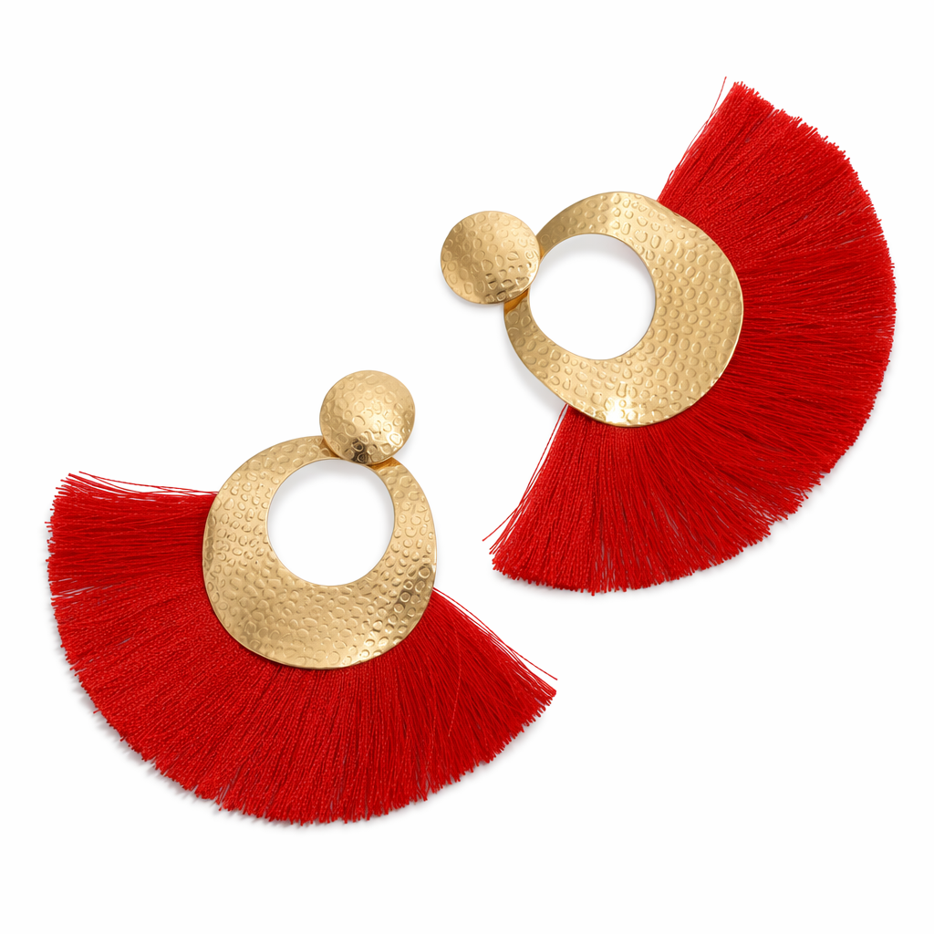 Fan-Shaped Tassel Earrings in a Stunning Gold Red