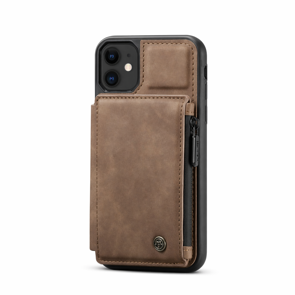 Slim Back Case with Zipper for iPhone 11 to 15 Series Brown