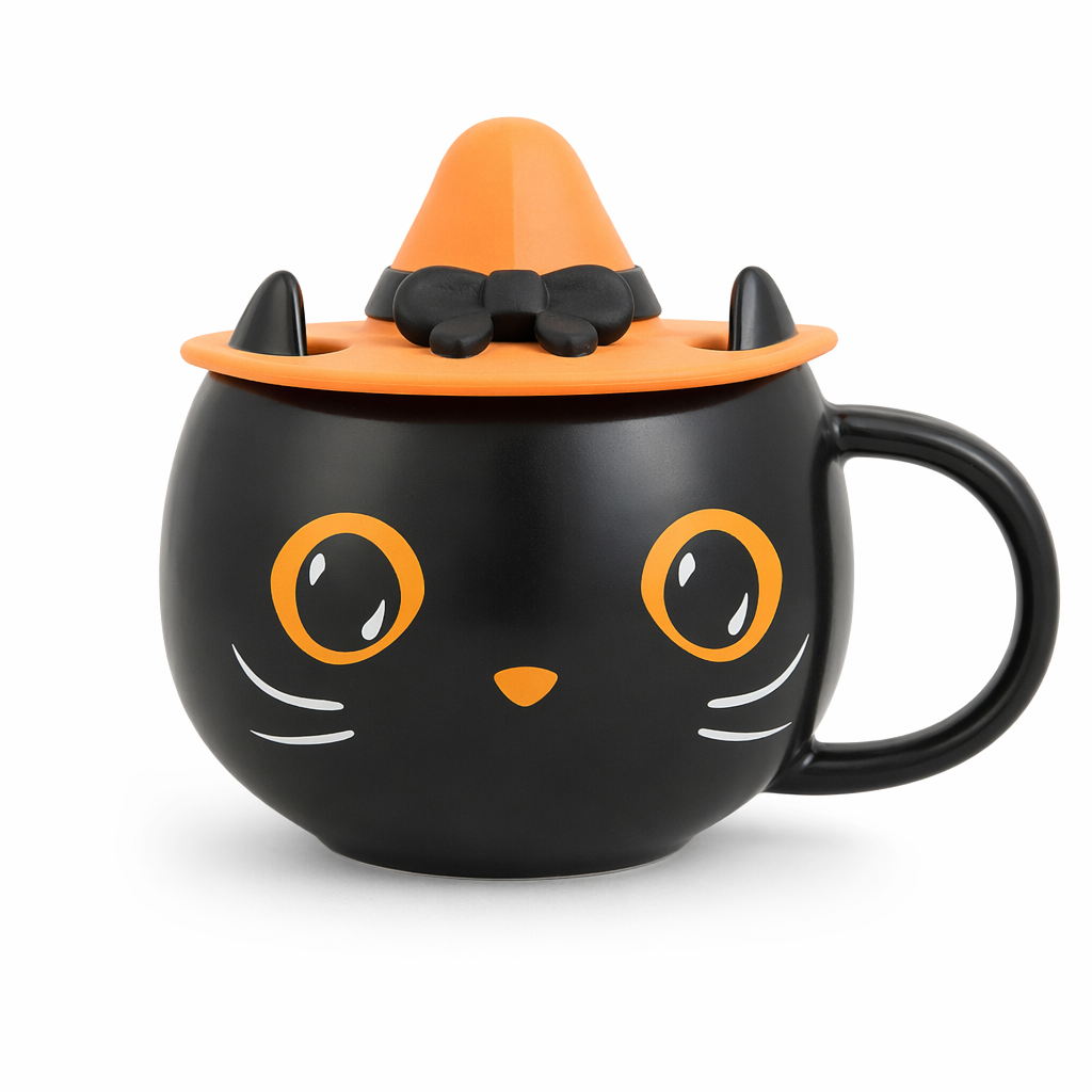 Pumpkin Cat Ceramic Mug - 400ml Capacity Black with lid