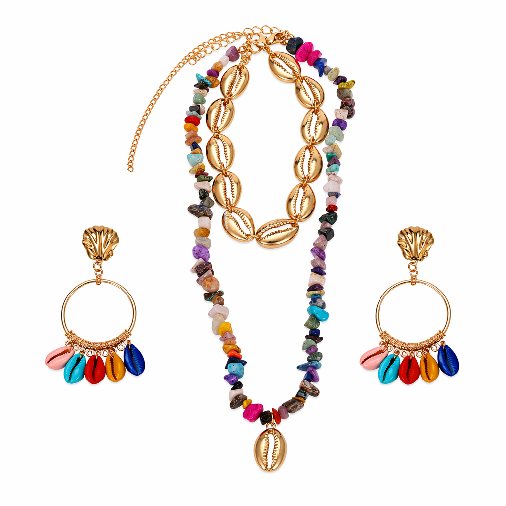 Layered Seashell Necklace and Earrings Set Multi