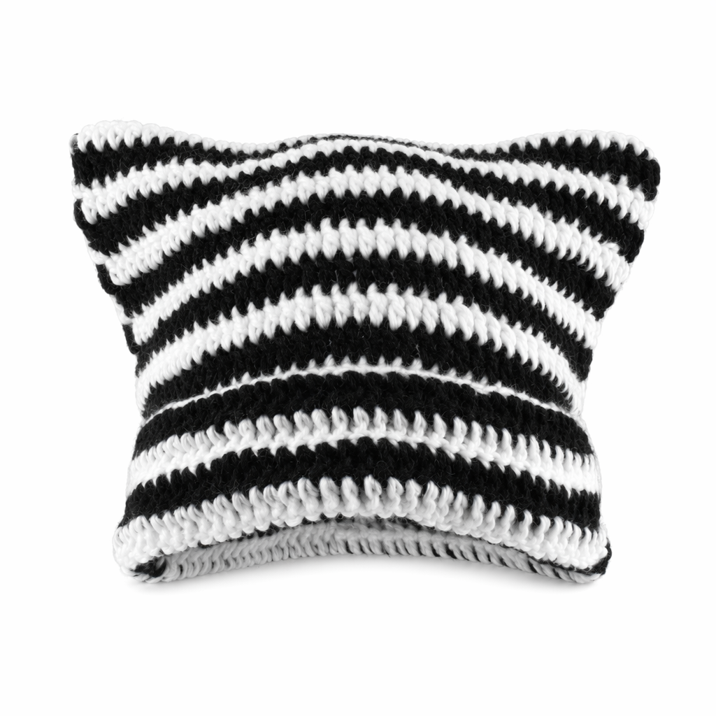 Striped Knitted Beanie for Adults handmade black white
