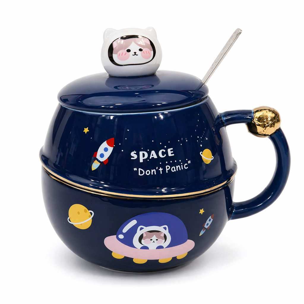 500ML Lid Coffee Mug with Space Cartoon Design Cat
