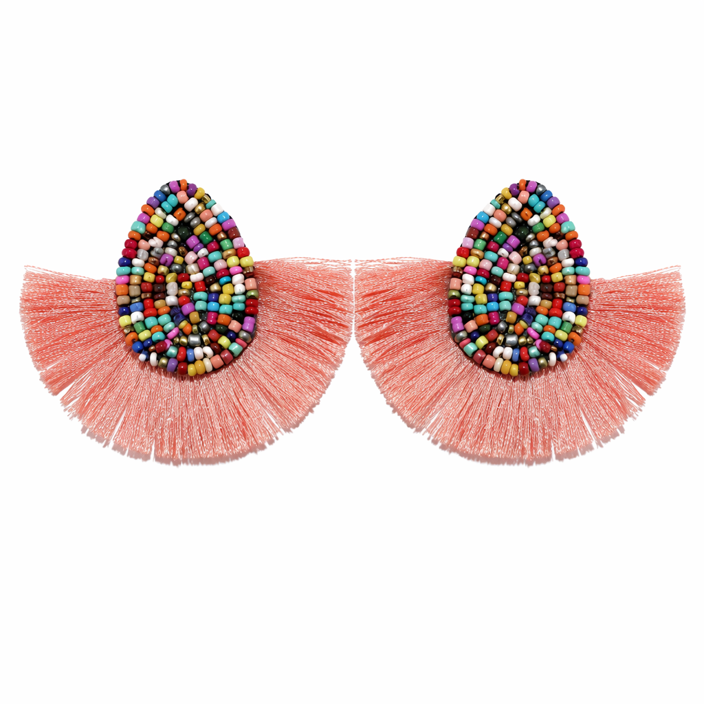 Vibrant Tasseled Waterdrop Earrings with Beaded Accents Pink