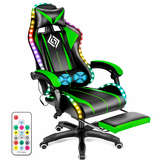 LED Gaming Chair with Built-In Footrest and Massaging Function Green