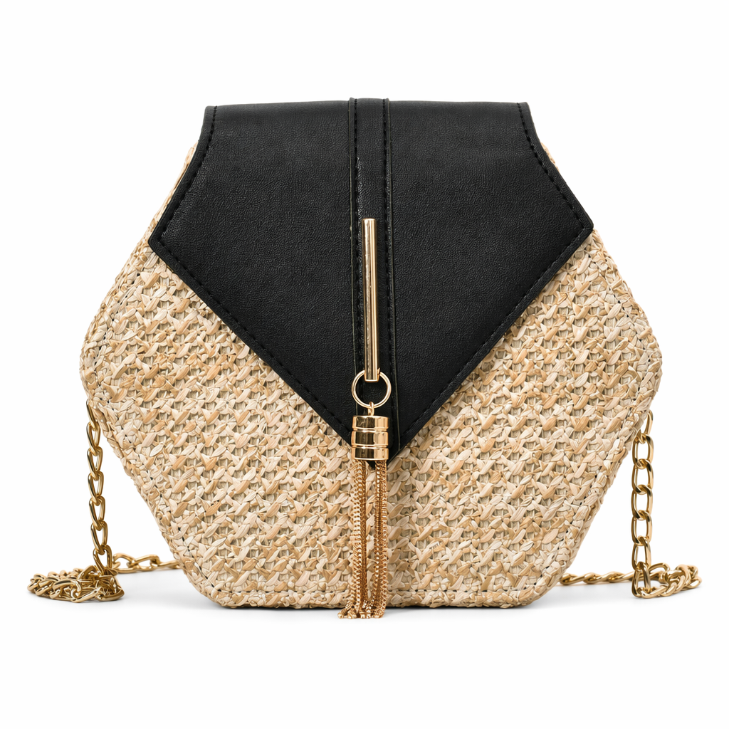 Vegan Leather Covered Mini Straw Handbag Black