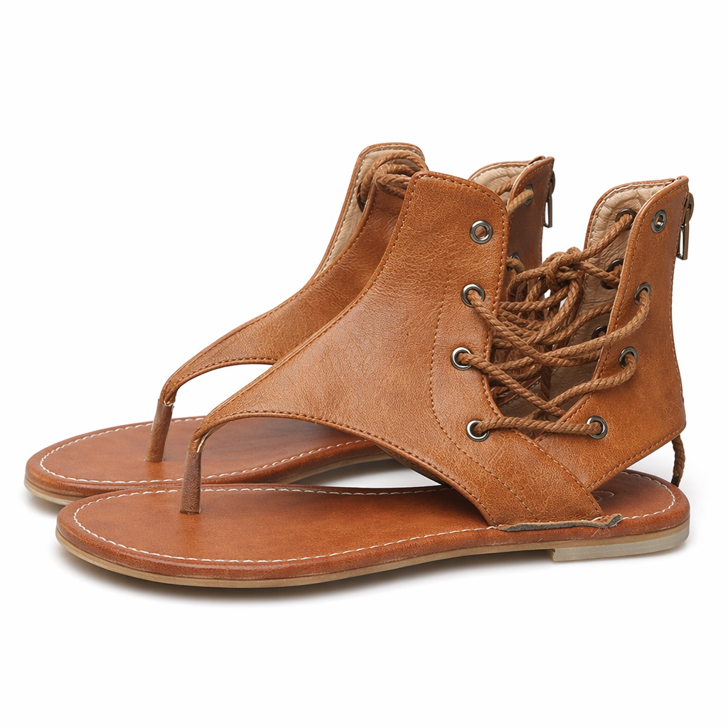 Vegan Leather Gladiator Sandals for Women with Lace-Up Design Tan
