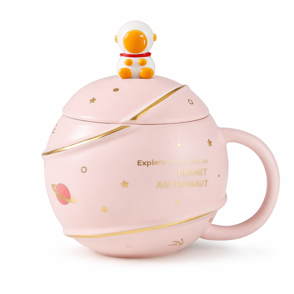 500ML Lid Coffee Mug with Space Cartoon Design Pink Astronaut