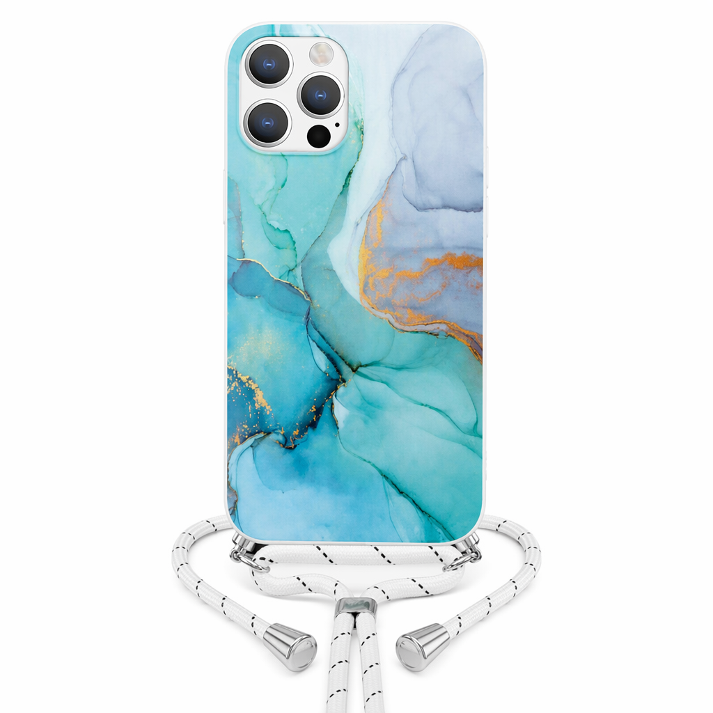 Crossbody Strap Marble Phone Case for iPhone with Painted Design E