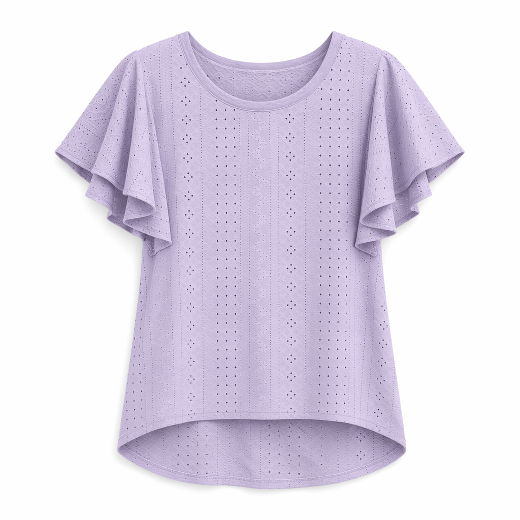 Ruffled Round Neck Top for Women with Cap Sleeves Purple