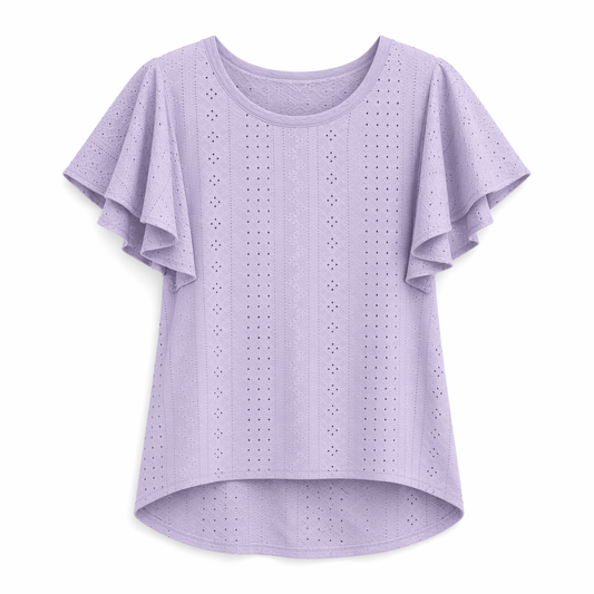 Ruffled Round Neck Top for Women with Cap Sleeves Purple