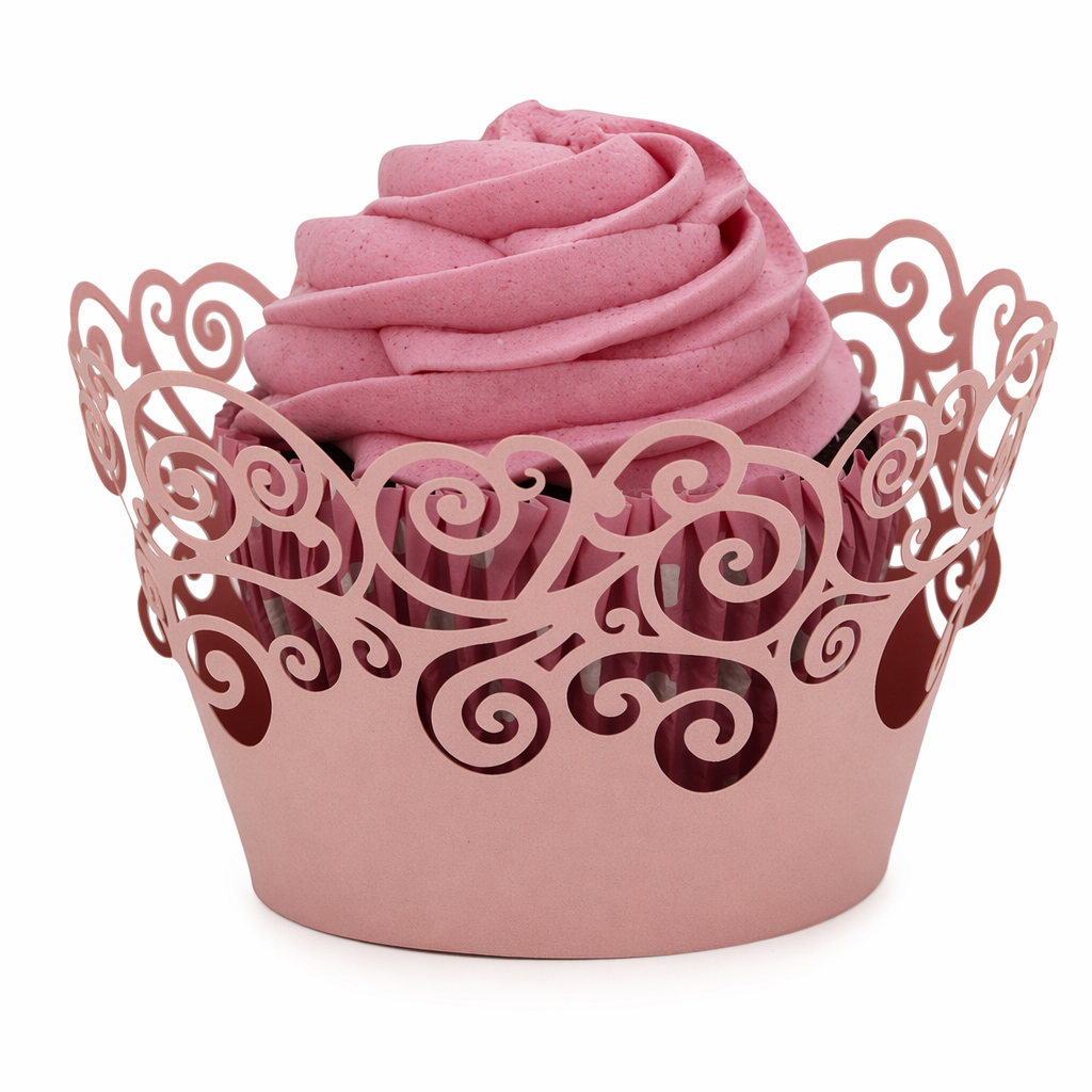 Set of 100 Lace Laser Cut Holders for Cupcakes and Muffins with Festive Design Pink