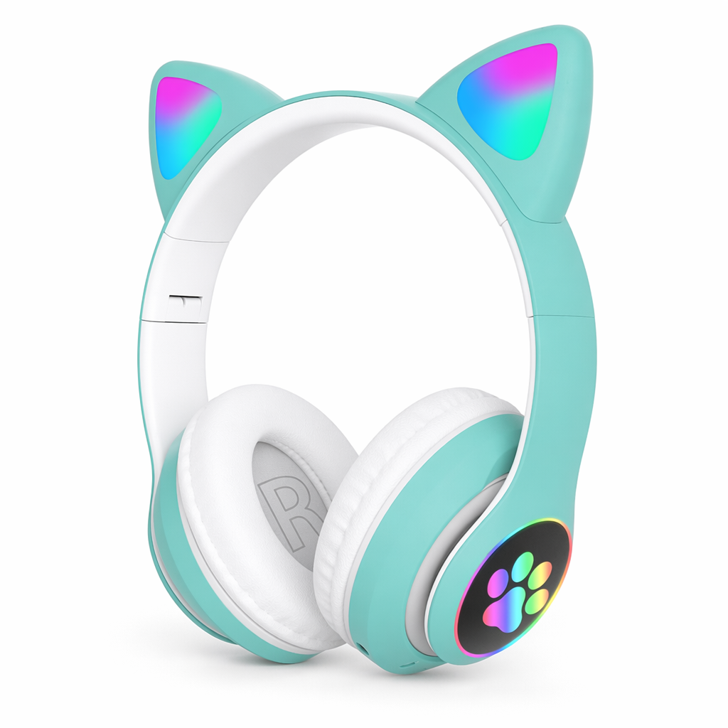 LED Feline Ear Wireless Headphones with Cartoon Design Green