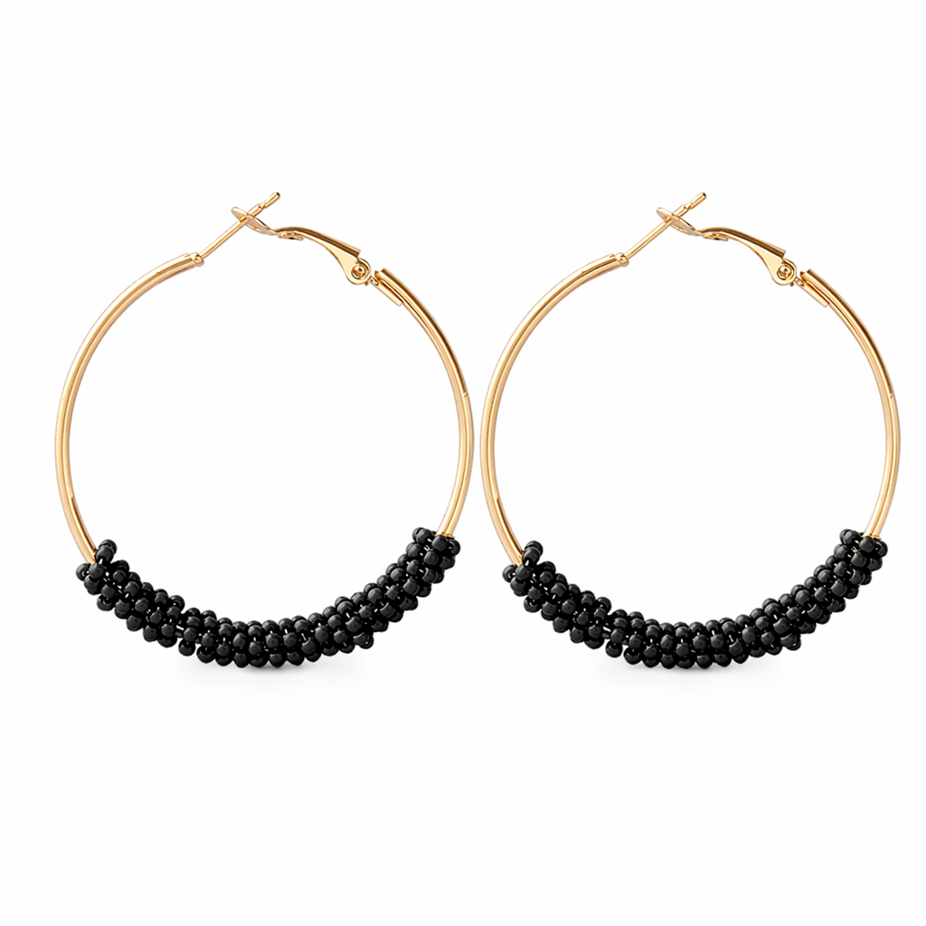 Vibrant Beaded Circular Hoop Earrings Black