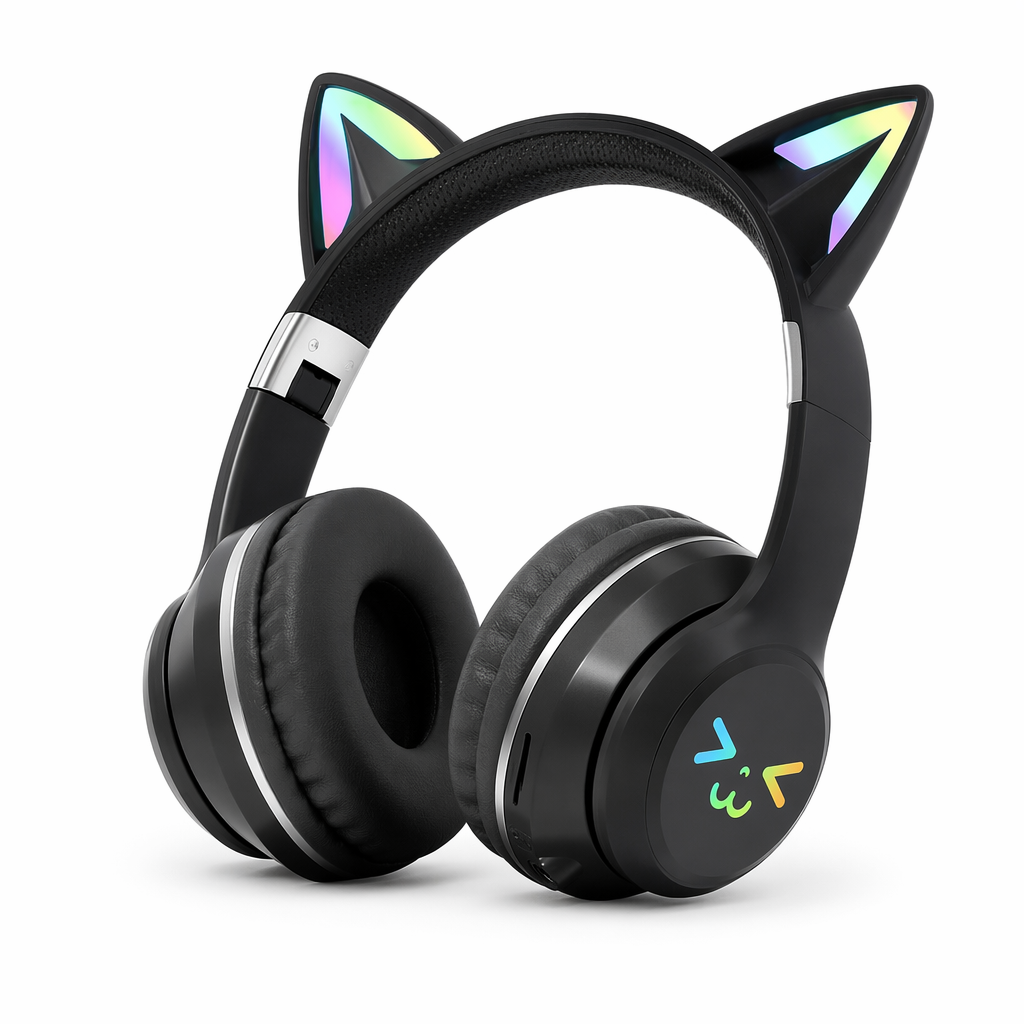 RGB Foldable Bluetooth Headphones with Cat Ear Design Black