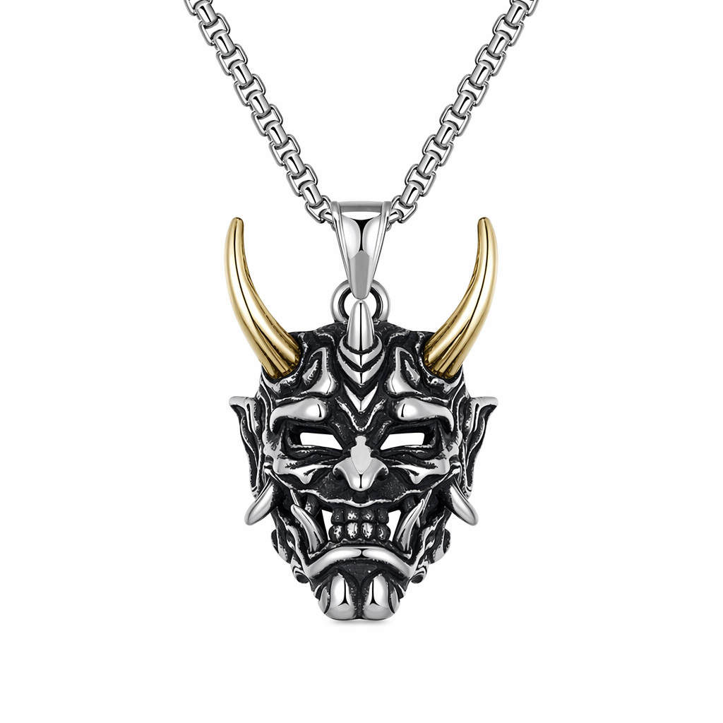 Japanese Spirit Skull Mask Necklace Gold