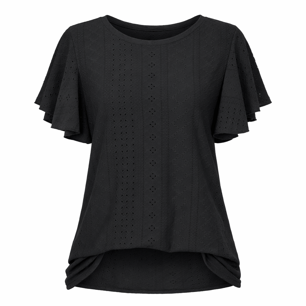 Ruffled Round Neck Top for Women with Cap Sleeves Black