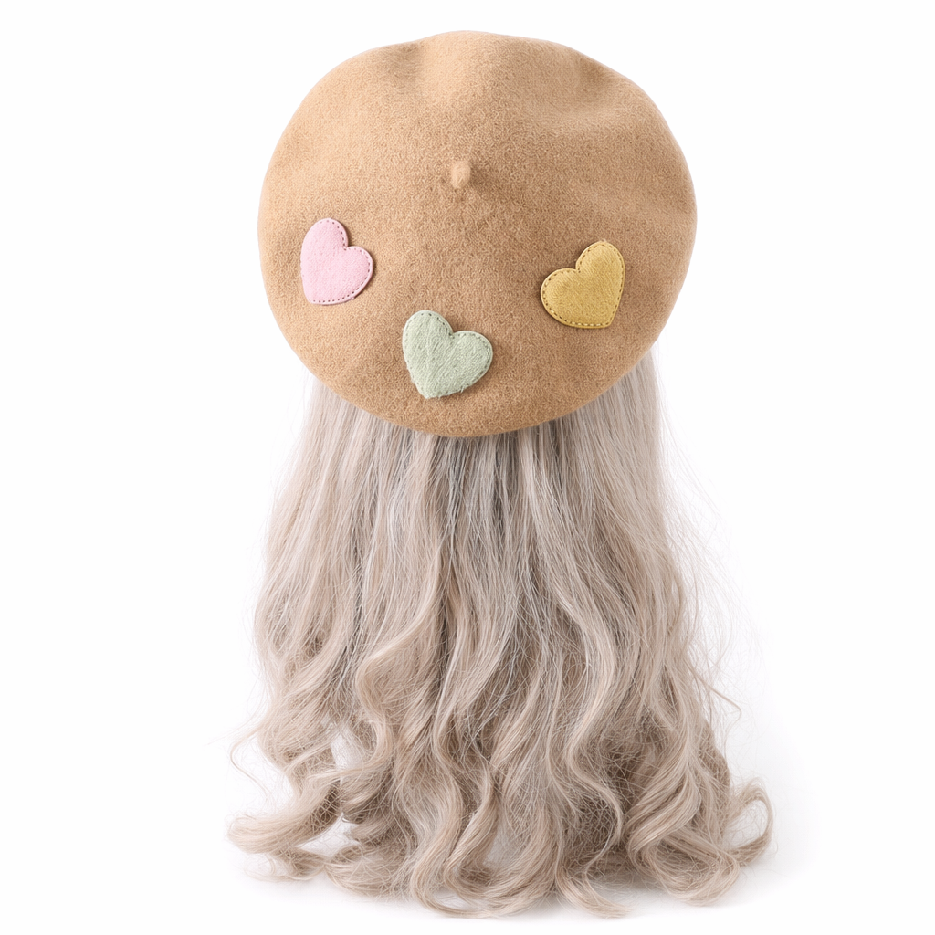 Heart-Patterned Kawaii Beret Hat Brown