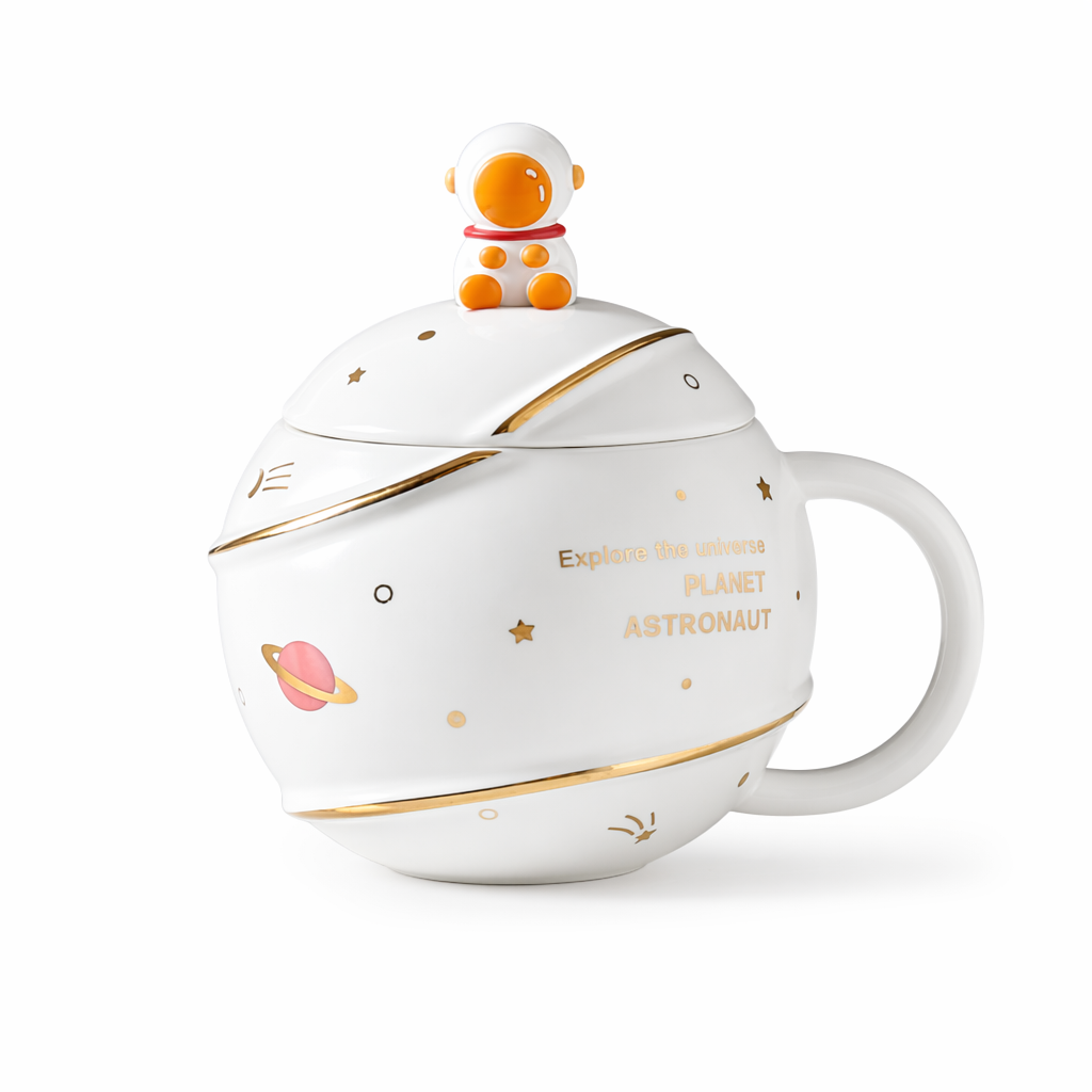 500ML Lid Coffee Mug with Space Cartoon Design White Astronaut