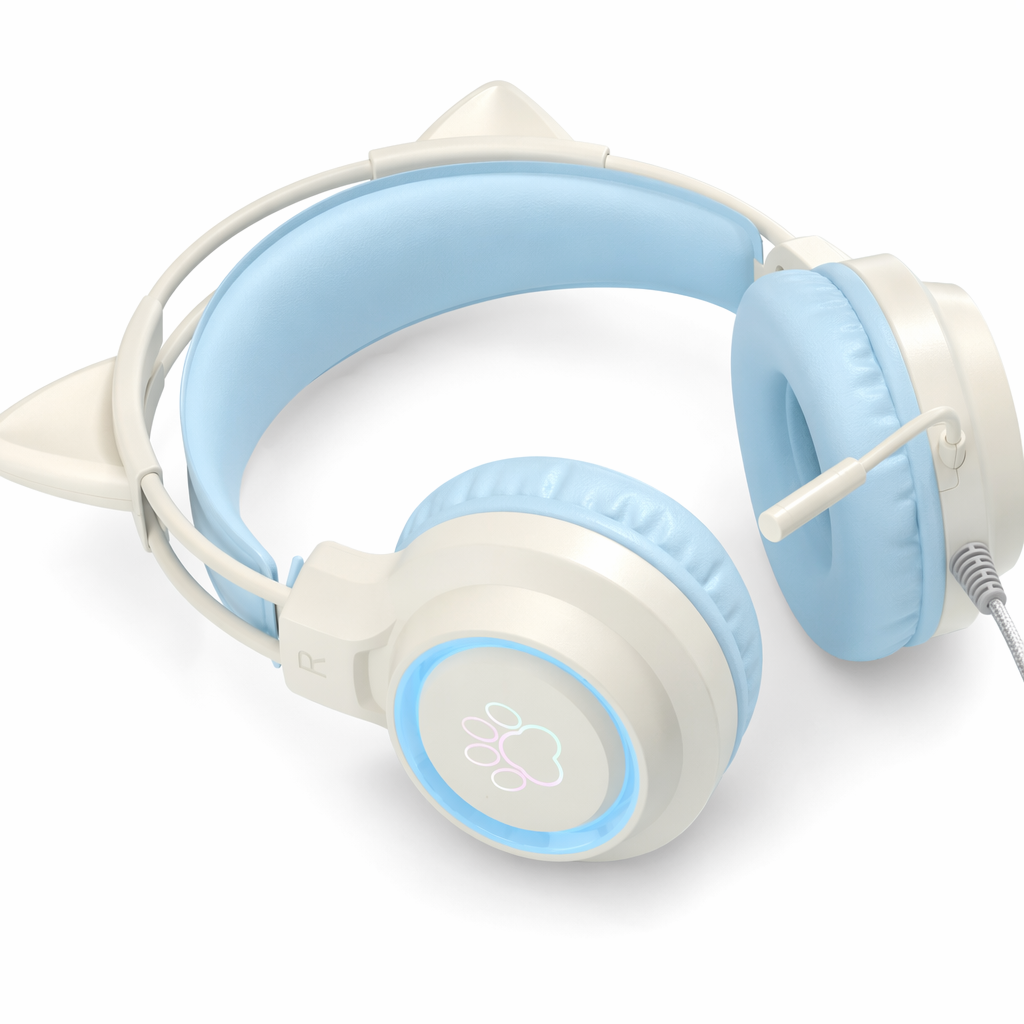 Headphones with LED Cat Ears that Light Up and Move in Sync with Music Blue