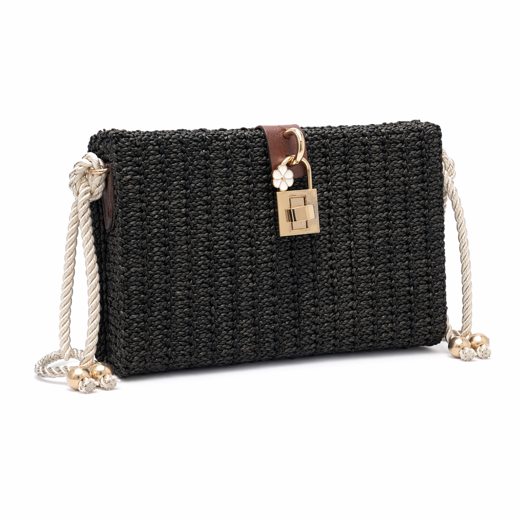 Straw Shoulder Bag with Box Clutch Design Black