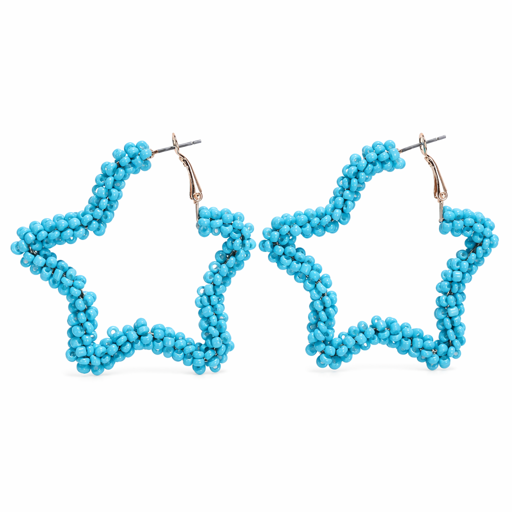 Star-shaped Beaded Hoop Earrings Blue
