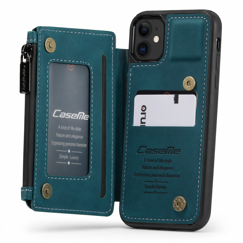 Slim Back Case with Zipper for iPhone 11 to 15 Series Blue