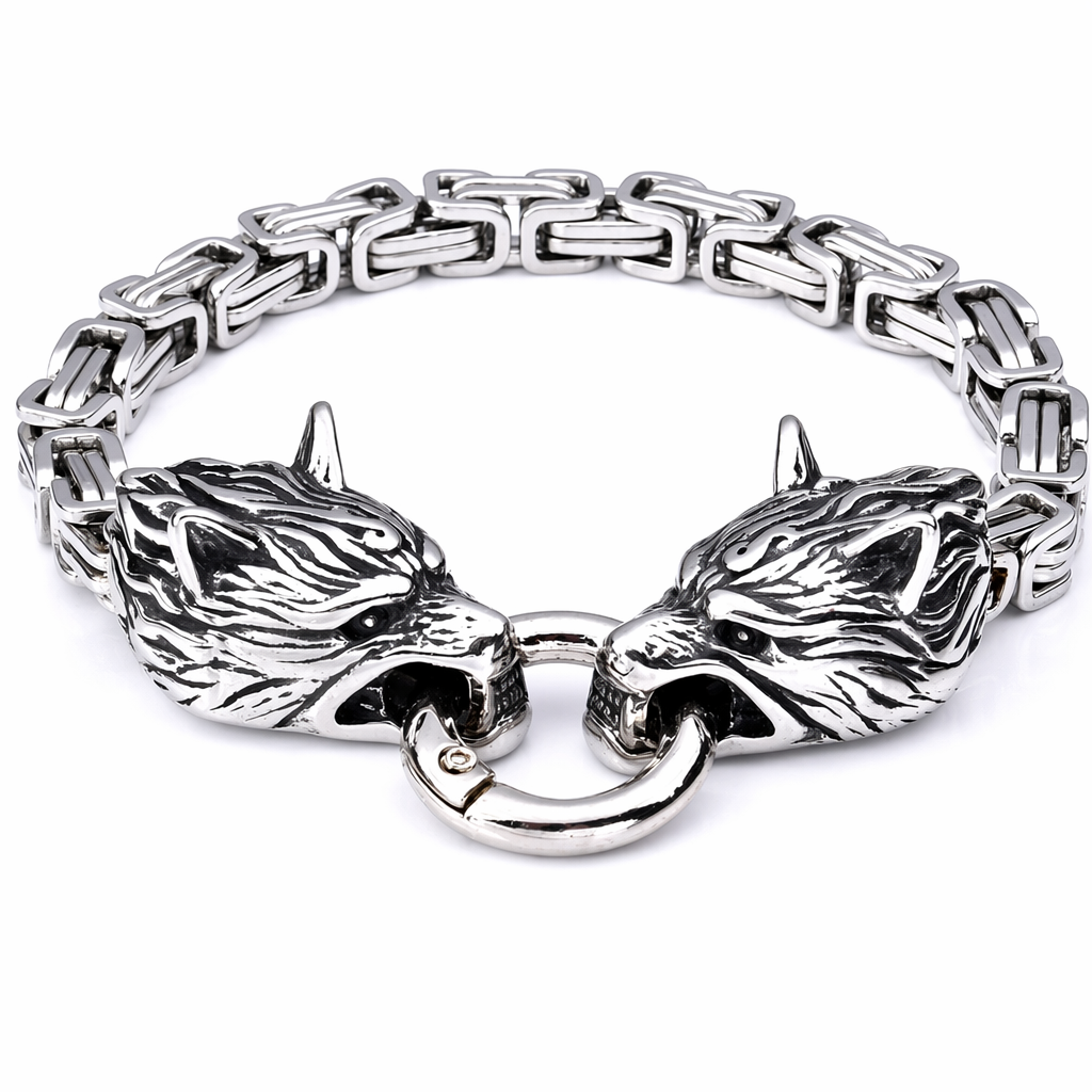 Double Bracelet with Twin Wolf Heads Wolf