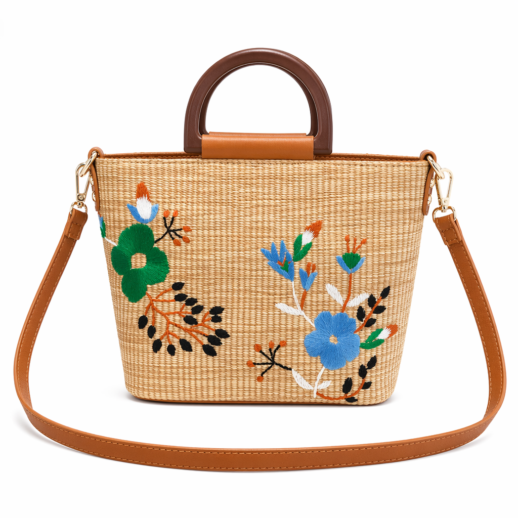 Straw Crossbody Bag with Beautiful Embroidery Brown